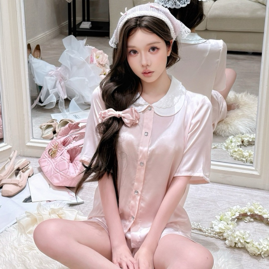 S08. Set Bộ Ngủ Lụa Phối Cổ Sen Tiểu Thư