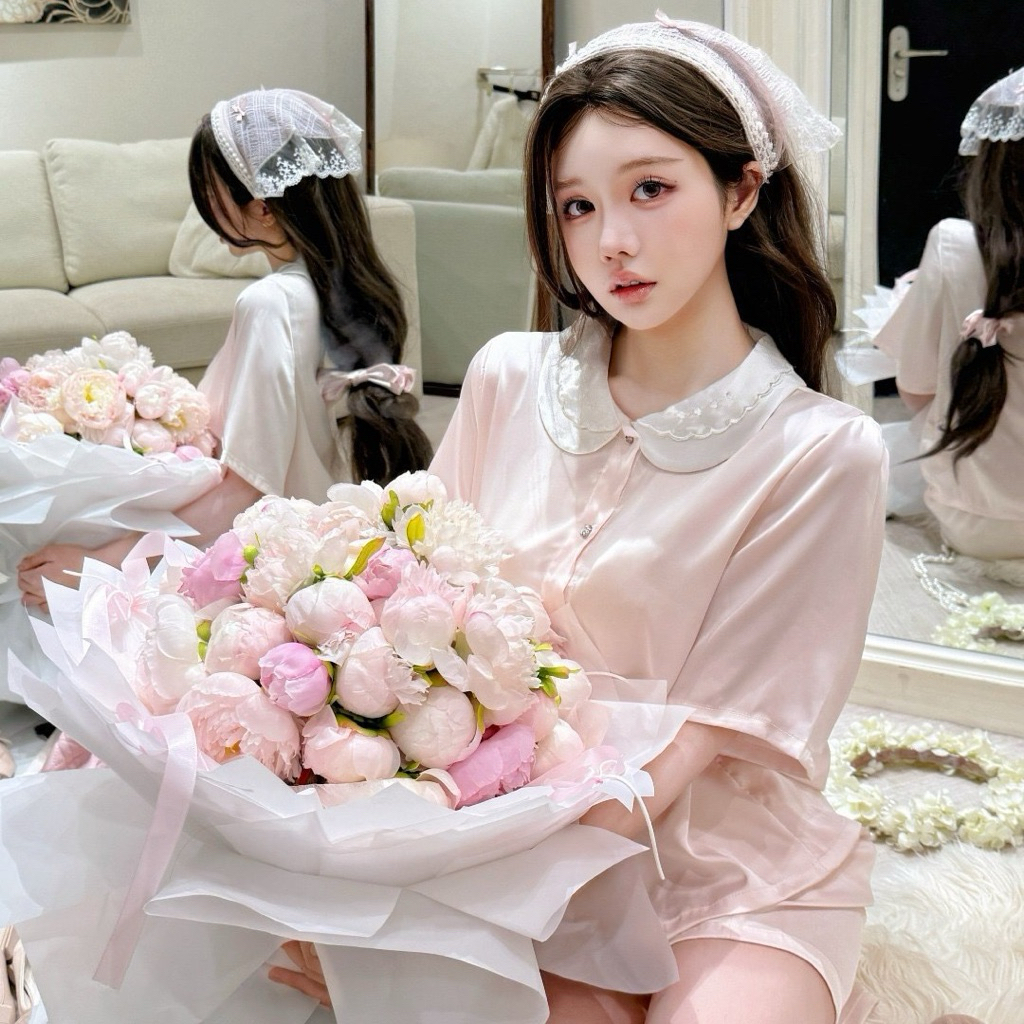 S08. Set Bộ Ngủ Lụa Phối Cổ Sen Tiểu Thư