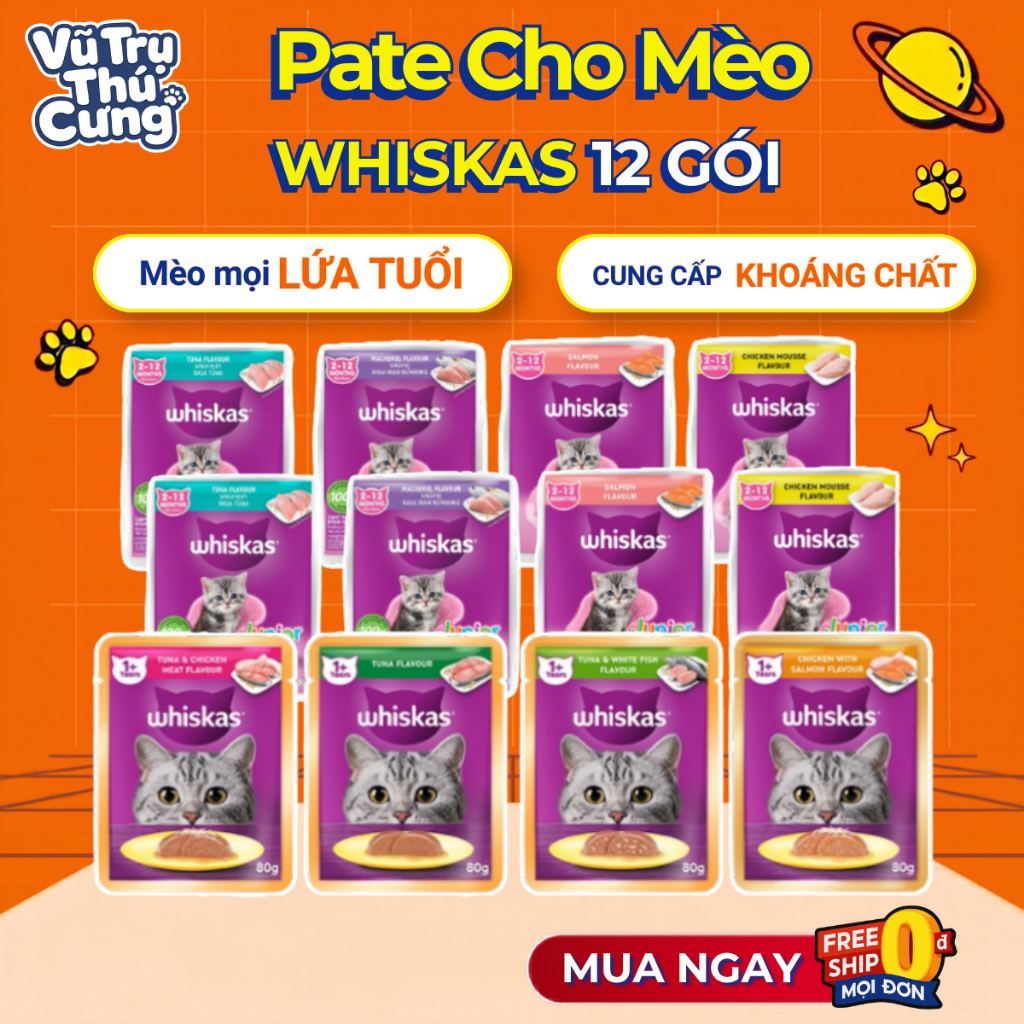 Combo 12 gói pate Whiskas cho Mèo con và Mèo trưởng thành