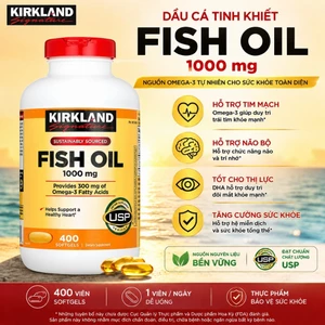 Viên uống dầu cá bổ sung Omega-3 cho Tim mạch, Thị lực & Não bộ Kirkland Signature Fish Oil 1000mg 400 Viên