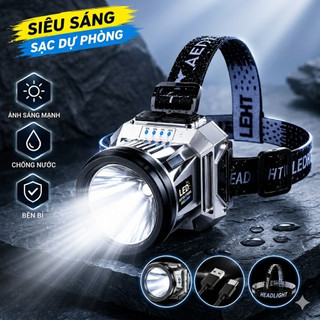 Đèn Đội Đầu Siêu Sáng 2 Màu Vàng Trắng, Sạc Nhanh Type-C, Đeo Trán Chống Nước, Chiếu Xa Mạnh, Dùng Đi Phượt Câu Cá Sửa C