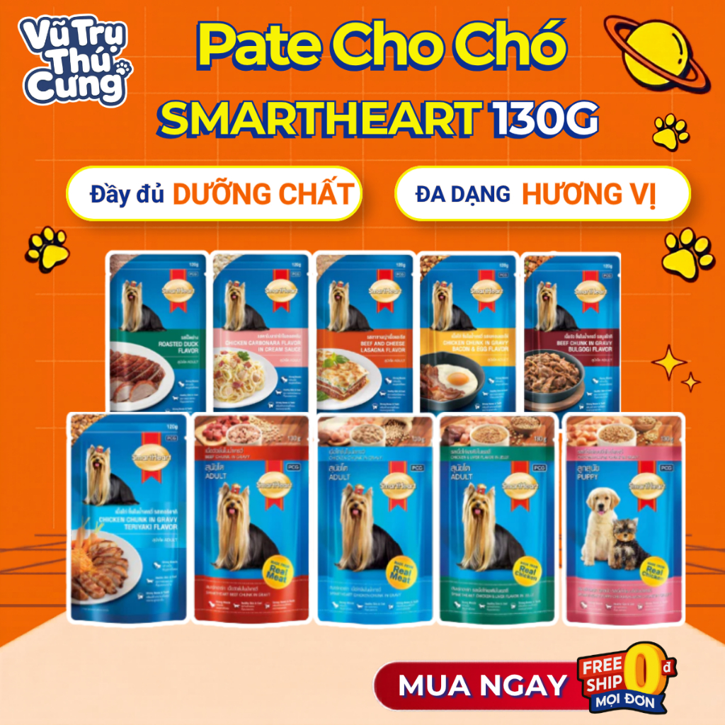 Pate cho Chó Smartheart gói 130g, thành phần từ Thịt bò, thịt gà và Rau củ