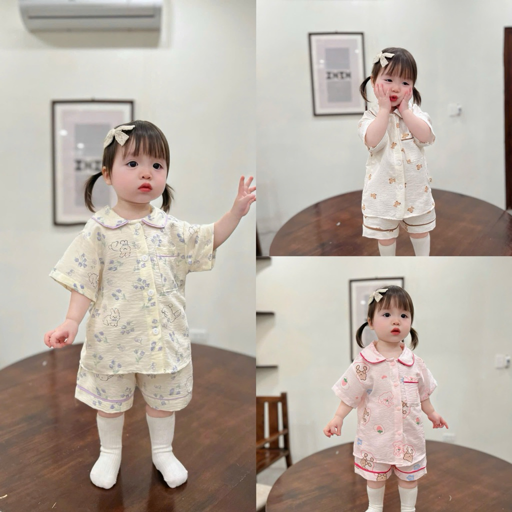 Bộ Pijama Bé Gái MZ1689 Mùa Hè Vải Đũi Mềm Mát Bộ Ngủ Trẻ Em Size 80-120 (8-23kg)