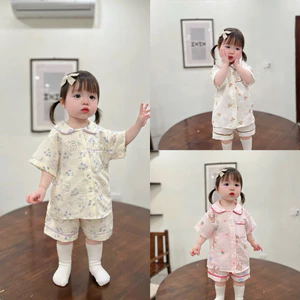 Bộ Pijama Bé Gái MZ1689 Mùa Hè Vải Đũi Mềm Mát Bộ Ngủ Trẻ Em Size 80-120 (8-23kg)