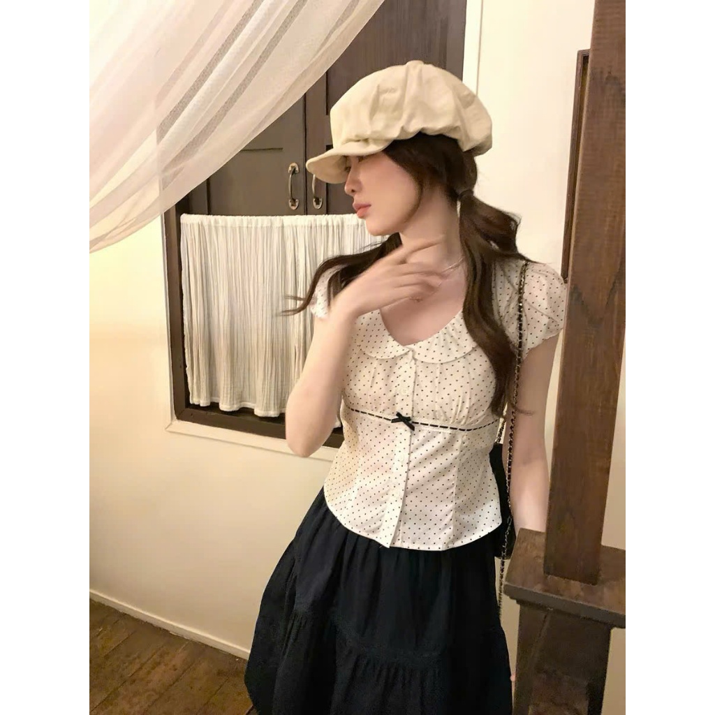 Áo kiểu peplum nữ dáng ôm thắt nơ ruy băng đen áo sơ mi chấm bi nhí cổ bẻ viền bèo tay bồng công sở HCOM27327