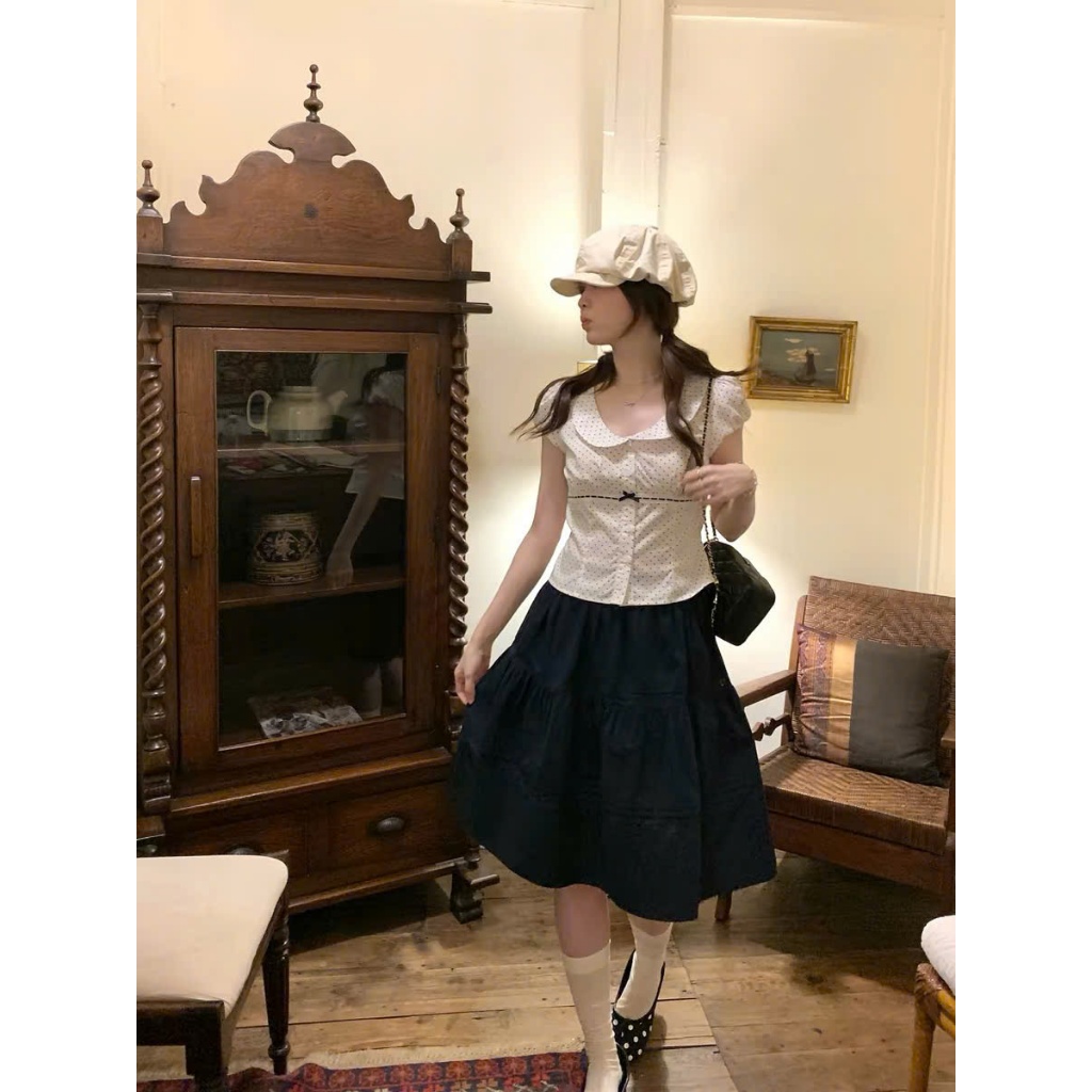 Áo kiểu peplum nữ dáng ôm thắt nơ ruy băng đen áo sơ mi chấm bi nhí cổ bẻ viền bèo tay bồng công sở HCOM27327