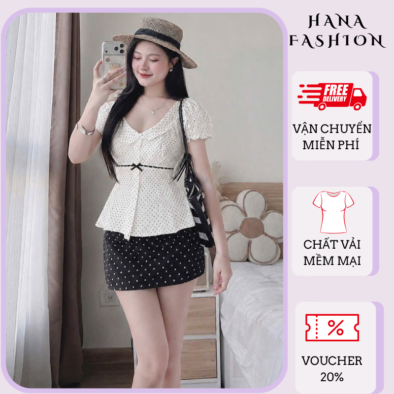 Áo kiểu peplum nữ dáng ôm thắt nơ ruy băng đen áo sơ mi chấm bi nhí cổ bẻ viền bèo tay bồng công sở HCOM27327