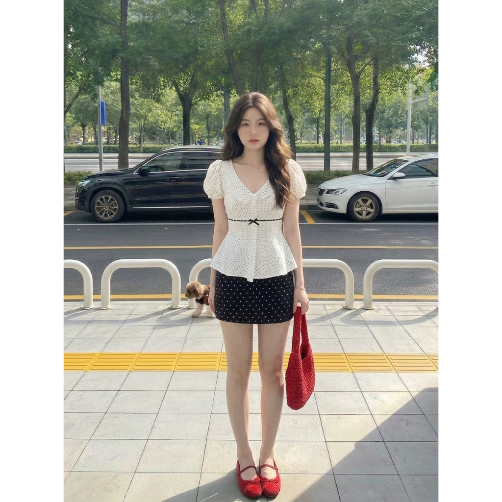 Áo kiểu peplum nữ dáng ôm thắt nơ ruy băng đen áo sơ mi chấm bi nhí cổ bẻ viền bèo tay bồng công sở HCOM27327
