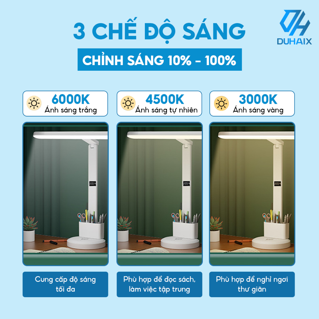 Đèn học để bàn chống cận bảo vệ mắt, Tích điện 2000mAh, 3 chế độ ánh sáng, Tích hợp đồng hồ, Hộp bút, Giá đỡ ĐT, BH 12th
