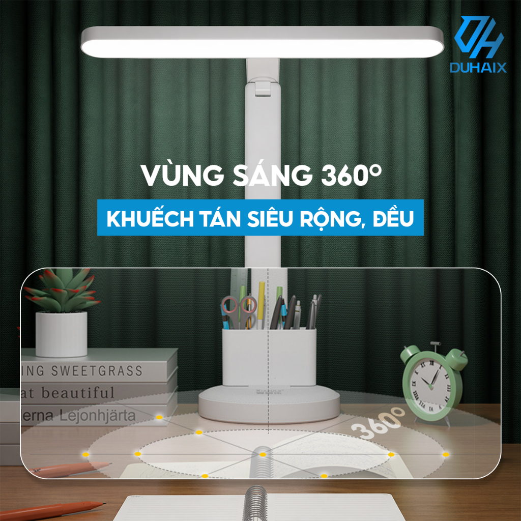 Đèn học để bàn chống cận bảo vệ mắt, Tích điện 2000mAh, 3 chế độ ánh sáng, Tích hợp đồng hồ, Hộp bút, Giá đỡ ĐT, BH 12th