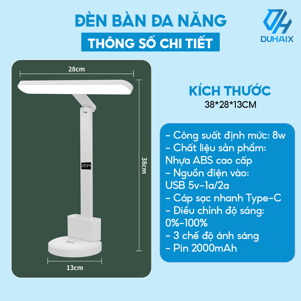 Đèn học để bàn chống cận bảo vệ mắt, Tích điện 2000mAh, 3 chế độ ánh sáng, Tích hợp đồng hồ, Hộp bút, Giá đỡ ĐT, BH 12th