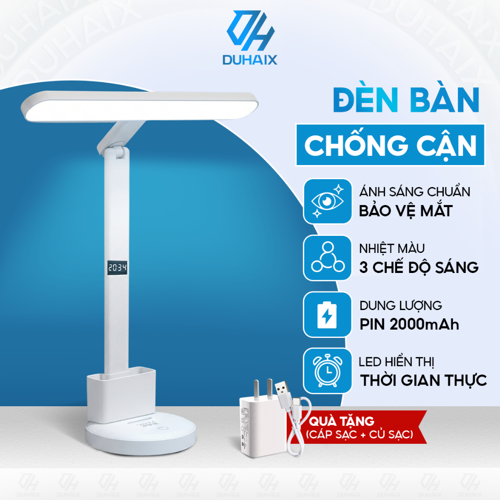 Đèn học để bàn chống cận bảo vệ mắt, Tích điện 2000mAh, 3 chế độ ánh sáng, Tích hợp đồng hồ, Hộp bút, Giá đỡ ĐT, BH 12th