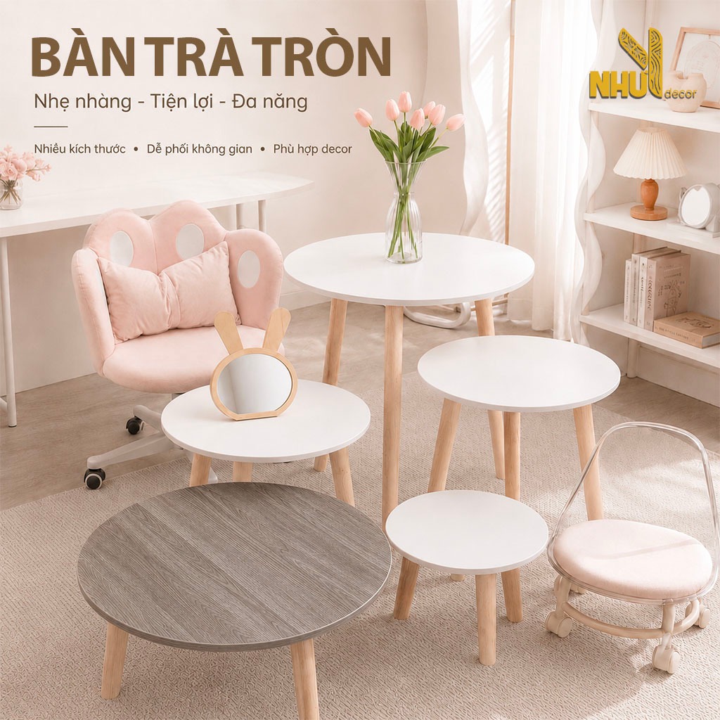 Bàn tròn sofa NHUYDECOR chiều cao chân linh hoạt, bàn trà chân gỗ cao 70cm phong cách Bắc Âu