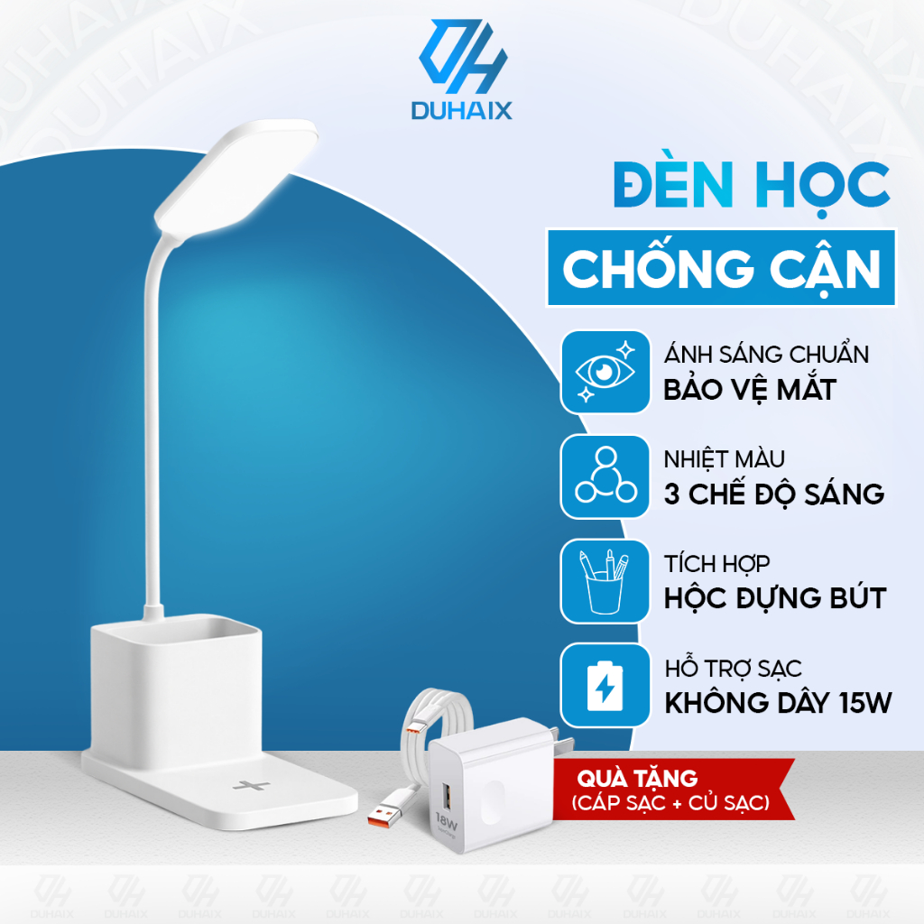 Đèn học để bàn cao cấp chống cận bảo vệ mắt, Sạc nhanh 15W, Hộp đựng bút , 3 chế độ ánh sáng, BH 12th