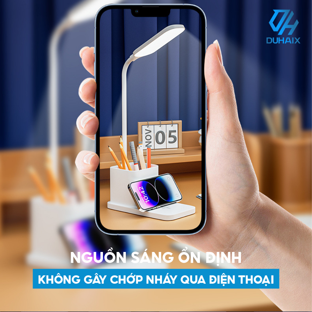 Đèn học để bàn cao cấp chống cận bảo vệ mắt, Sạc nhanh 15W, Hộp đựng bút , 3 chế độ ánh sáng, BH 12th