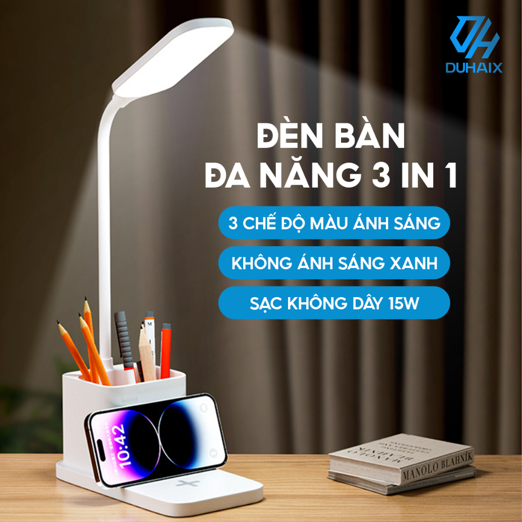 Đèn học để bàn cao cấp chống cận bảo vệ mắt, Sạc nhanh 15W, Hộp đựng bút , 3 chế độ ánh sáng, BH 12th