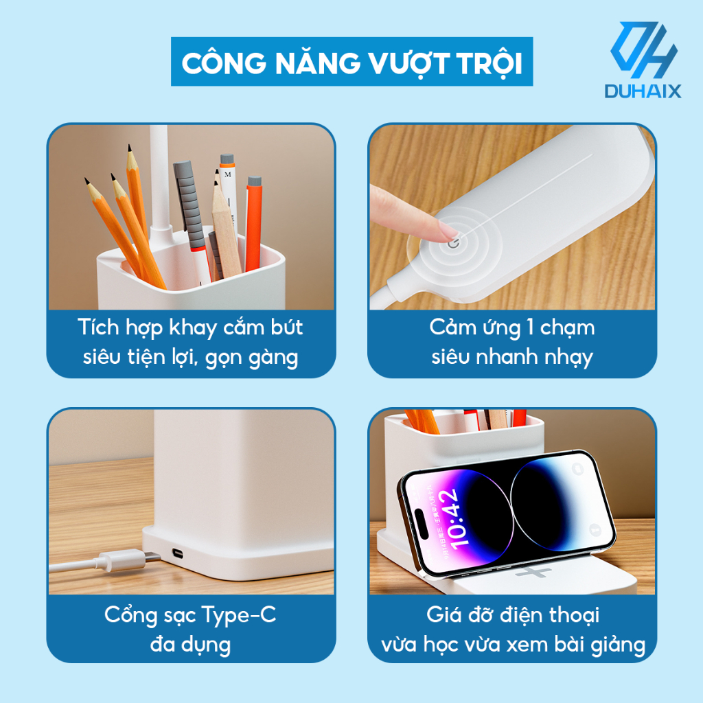 Đèn học để bàn cao cấp chống cận bảo vệ mắt, Sạc nhanh 15W, Hộp đựng bút , 3 chế độ ánh sáng, BH 12th