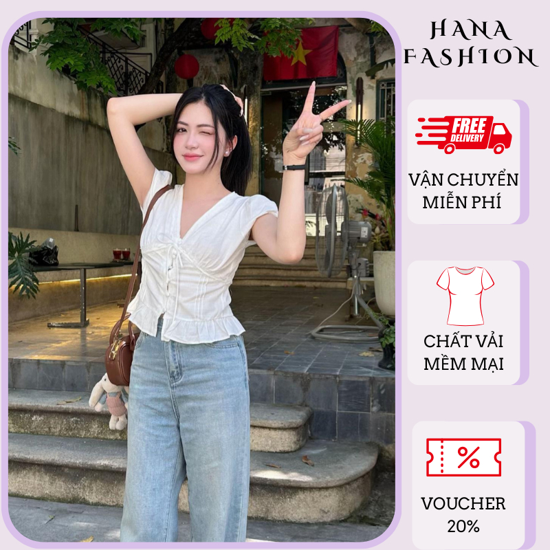 Áo kiểu corset ôm body cổ V nhún ngực thắt nơ áo blouse tay bồng chạy gân eo viền ren HCOM27330