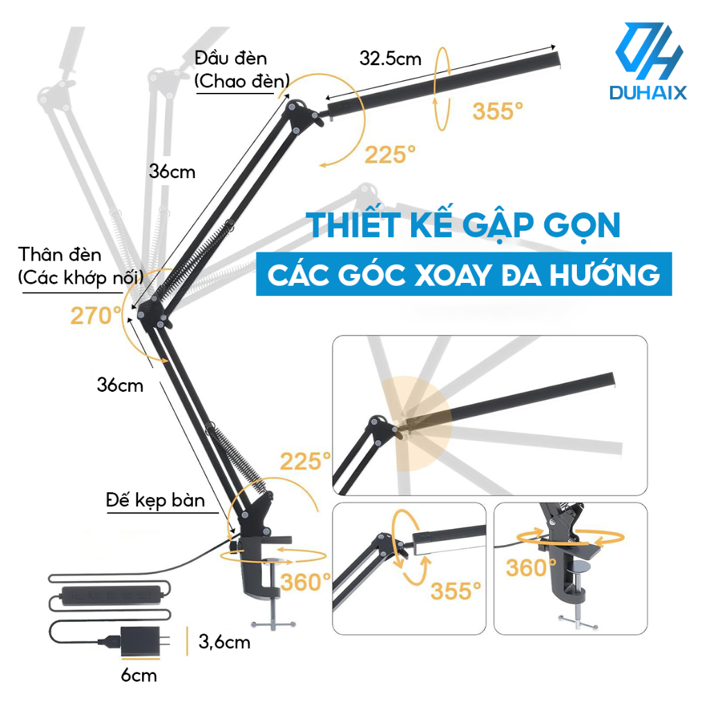 Đèn học kẹp bàn, Bóng Led 12W, Chống Cận kiểu dáng Pixar,3 màu ánh sáng, Điều Chỉnh Độ Sáng, Bảo Vệ Mắt, BH 12th