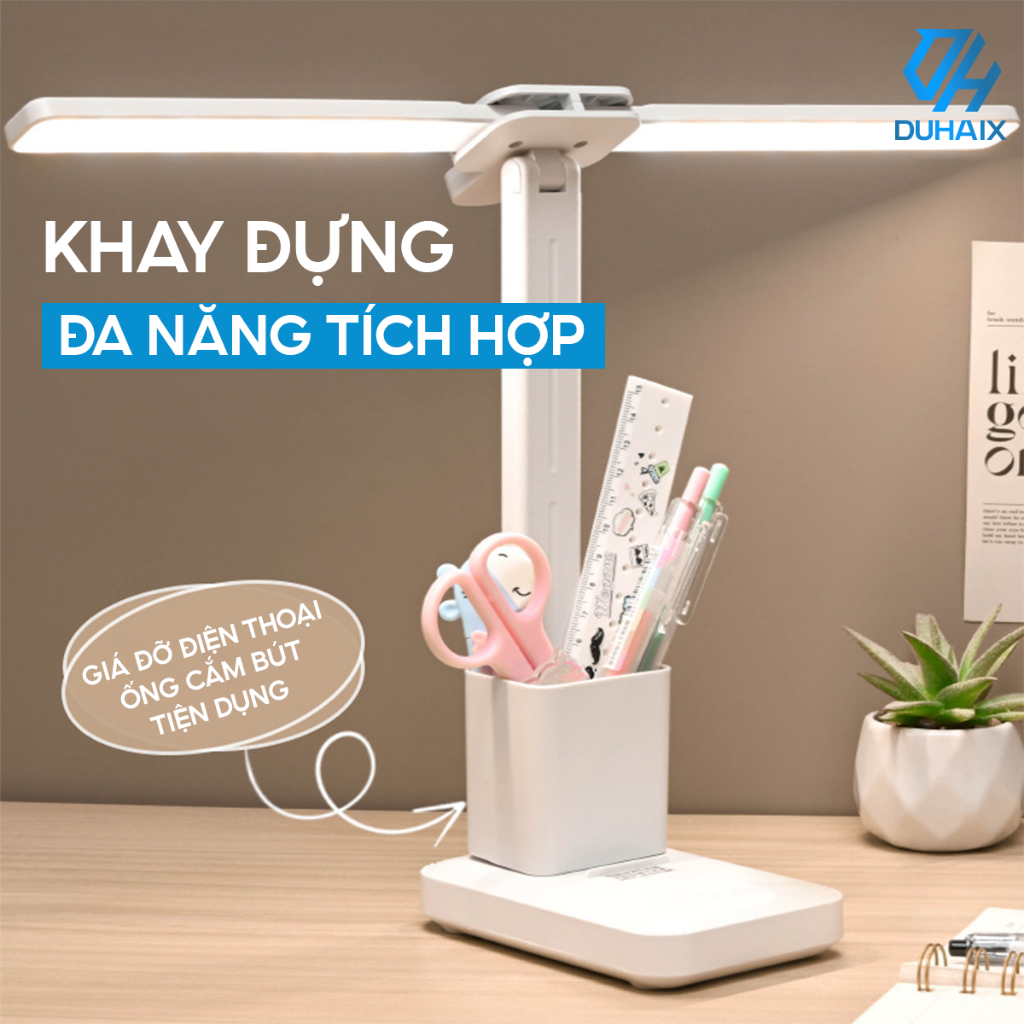 Đèn học để bàn chống cận bảo vệ mắt,Bóng kép, Tích điện 2000mAh, 3 chế độ ánh sáng, Hộp bút, Giá đỡ ĐT BH 12th