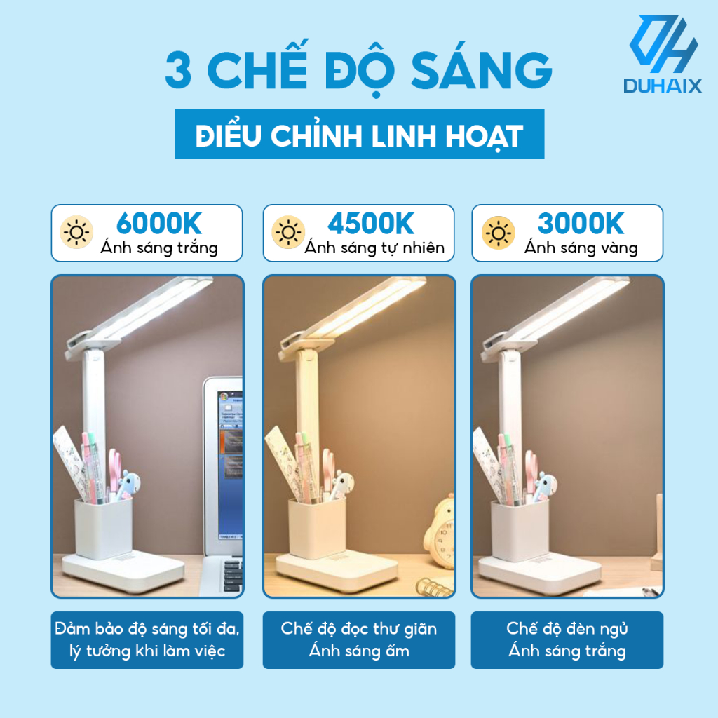 Đèn học để bàn chống cận bảo vệ mắt,Bóng kép, Tích điện 2000mAh, 3 chế độ ánh sáng, Hộp bút, Giá đỡ ĐT BH 12th
