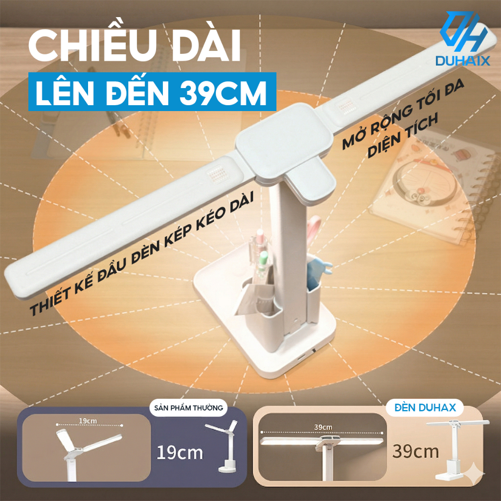 Đèn học để bàn chống cận bảo vệ mắt,Bóng kép, Tích điện 2000mAh, 3 chế độ ánh sáng, Hộp bút, Giá đỡ ĐT BH 12th