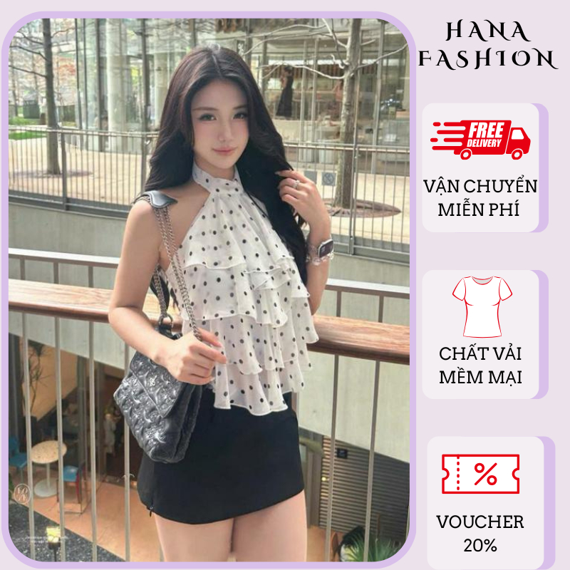 Áo cổ yếm chấm bi dáng rộng babydoll bèo tầng vạt chéo áo kiểu bánh bèo tôn dáng HCOM27331