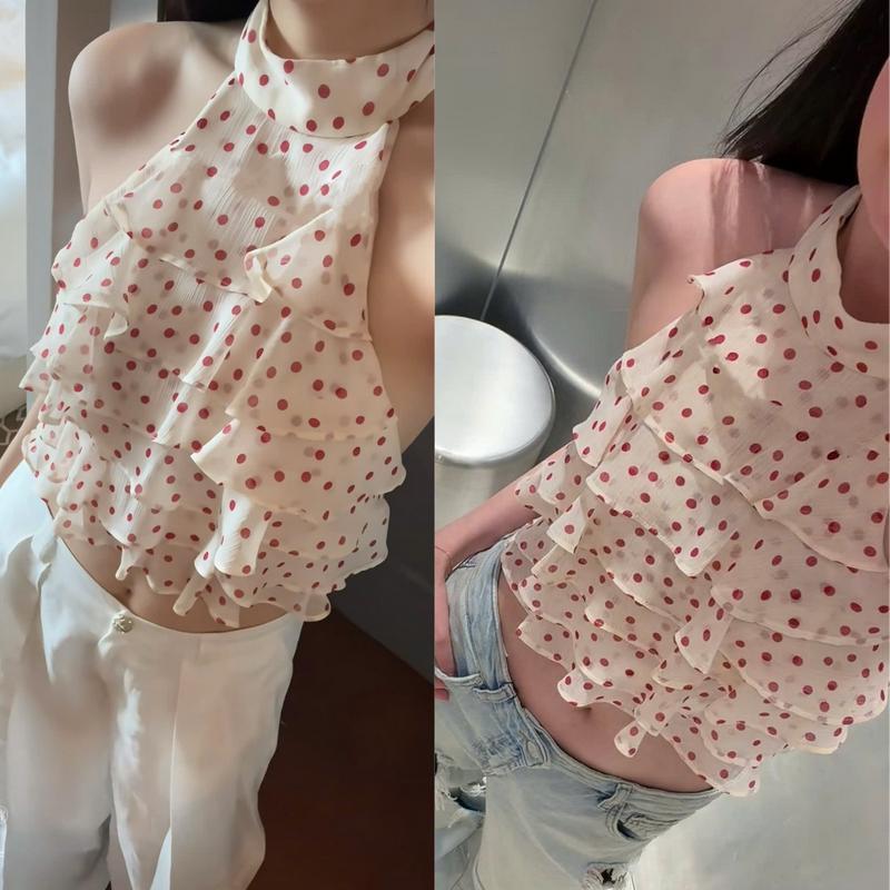 Áo cổ yếm chấm bi dáng rộng babydoll bèo tầng vạt chéo áo kiểu bánh bèo tôn dáng HCOM27331