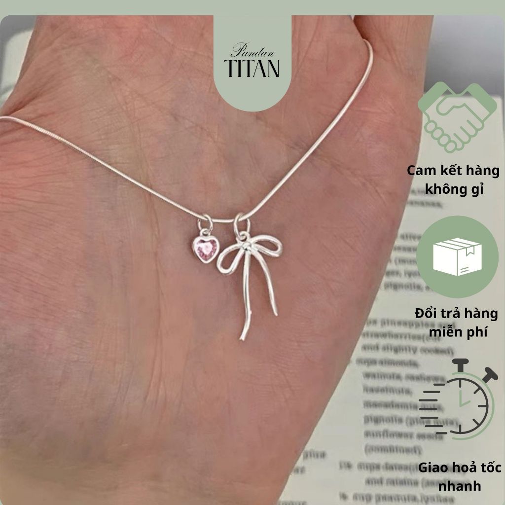 Dây chuyền nơ kim cương hồng thép cao cấp titan không gỉ kèm hộp quà_pandantitan