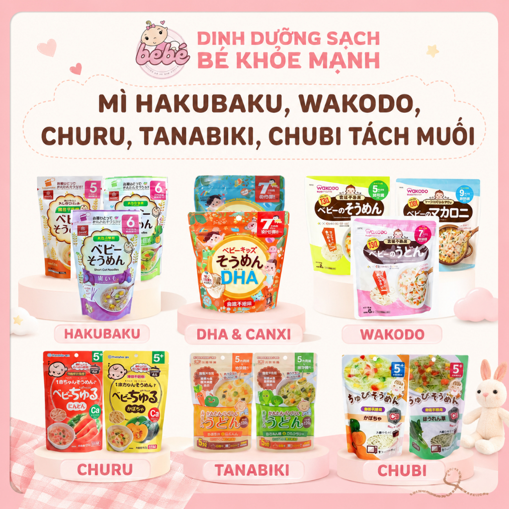 Mì, Somen tách muối ăn dặm Hakubaku, Wakodo, Churu, Tanabiki, Chubi Nhật cho bé từ 5 tháng tuổi