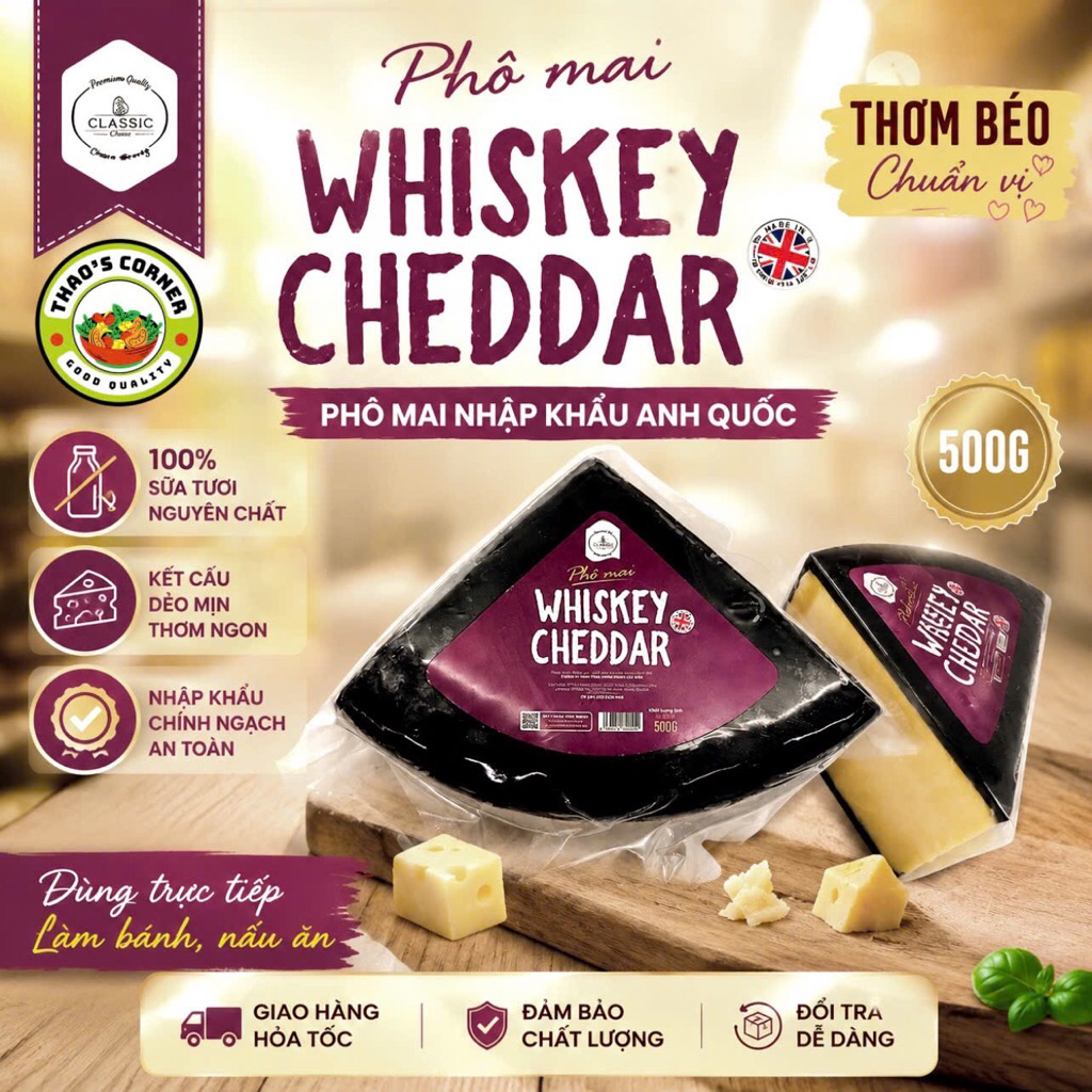 PHÔ MAI - COMBE CASTLE - CHEDDAR WITH WHISKEY 500G|  VƯƠNG QUỐC ANH | THƠM ĐẬM VỊ
