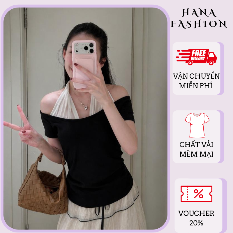 Áo croptop giả hai lớp trễ vai cổ yếm trắng đen áo blouse ngắn tay ôm sát nách HCOM27332