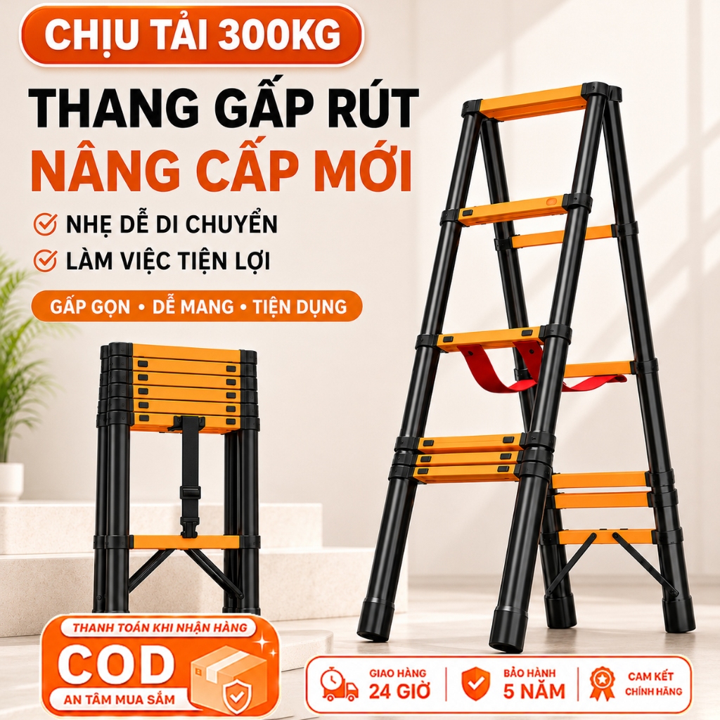 Thang gấp gọn Thang Chữ A Thang Nhôm Gấp Gọn (1m4 - 2m6) Tải Trọng 300KG Chịu Lực Cao Di Chuyển Nhẹ Vừa Bảo hành 2 năm