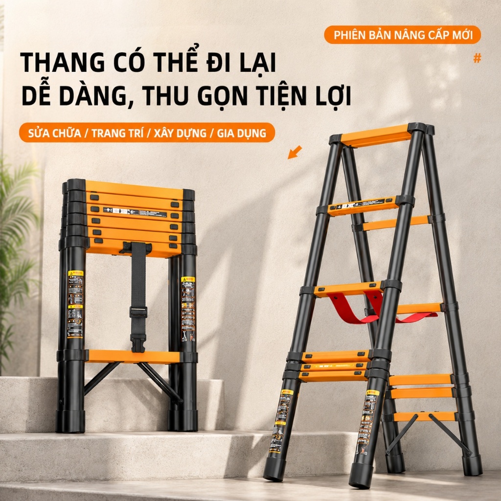 Thang gấp gọn Thang Chữ A Thang Nhôm Gấp Gọn (1m4 - 2m6) Tải Trọng 300KG Chịu Lực Cao Di Chuyển Nhẹ Vừa Bảo hành 2 năm