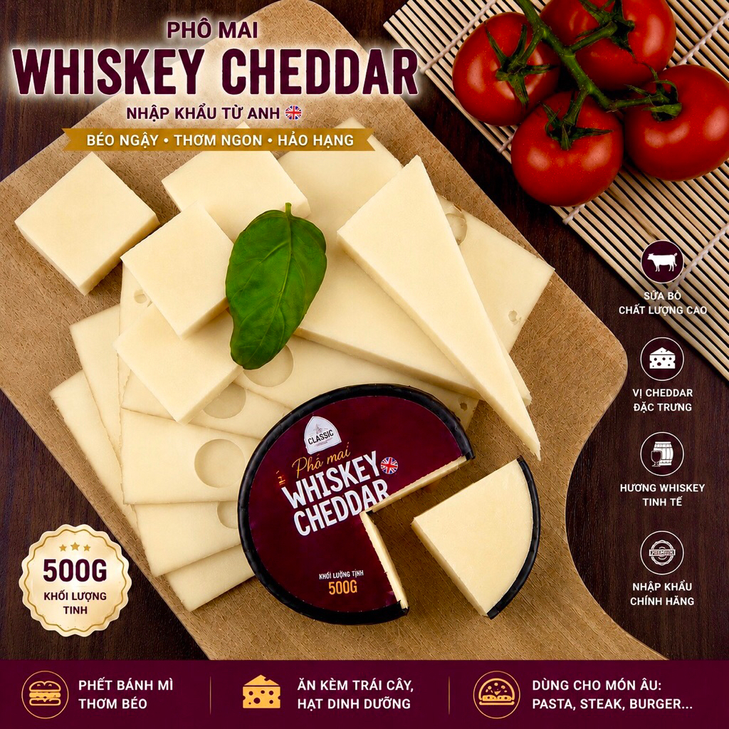 PHÔ MAI - COMBE CASTLE - CHEDDAR WITH WHISKEY 500G|  VƯƠNG QUỐC ANH | THƠM ĐẬM VỊ