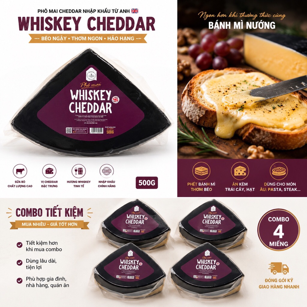 PHÔ MAI - COMBE CASTLE - CHEDDAR WITH WHISKEY 500G|  VƯƠNG QUỐC ANH | THƠM ĐẬM VỊ
