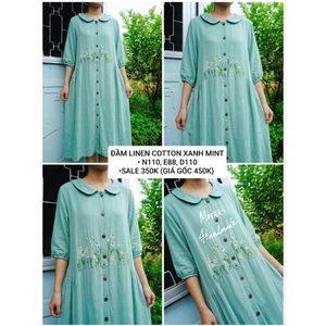 ĐẦM LINEN MÀU MINT THÊU TAY - ĐẦM MAY MỚI MERAKI HANDMADE