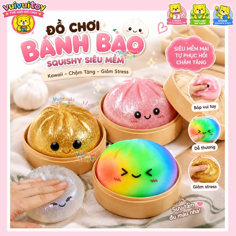 【Hàng có sẵn🚚hộp mù】Bánh bao squishy – Đồ chơi bóp xả stress giải tỏa cảm xúc