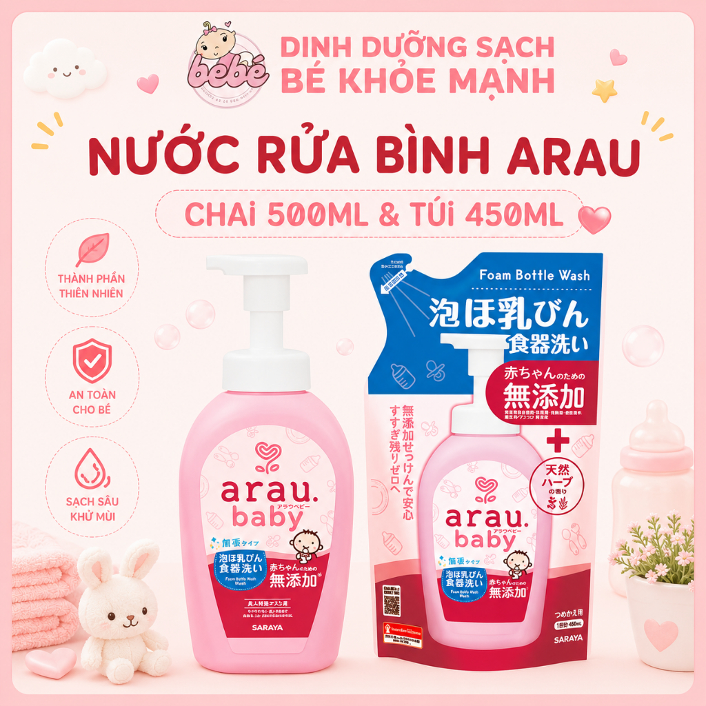 Nước rửa bình sữa Arau Baby nội địa Nhật Bản chai 500ml và túi refill 450ml