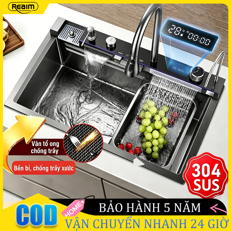 Chậu Rửa Bát 1 Hố thông minh Inox 304 Nano bồn rửa chén hiển thị nhiệt độ có thác nước và vòi rửa ly cao cấp
