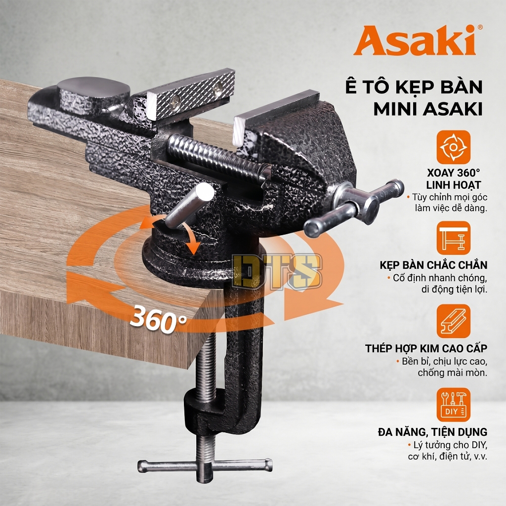 Ê tô kẹp bàn mini mâm xoay 360 Asaki AK-6275 AK-6276 cao cấp đồ nghề sửa chữa cơ khí chế tác đa năng