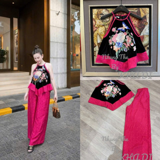 Sét áo nhung the cổ yếm viền lụa hồng thêu hoa + quần xuông lụa hồng neon