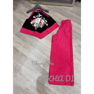 Sét áo nhung the cổ yếm viền lụa hồng thêu hoa + quần xuông lụa hồng neon