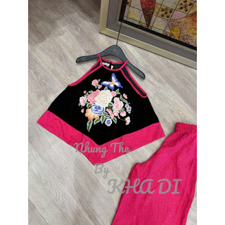 Sét áo nhung the cổ yếm viền lụa hồng thêu hoa + quần xuông lụa hồng neon