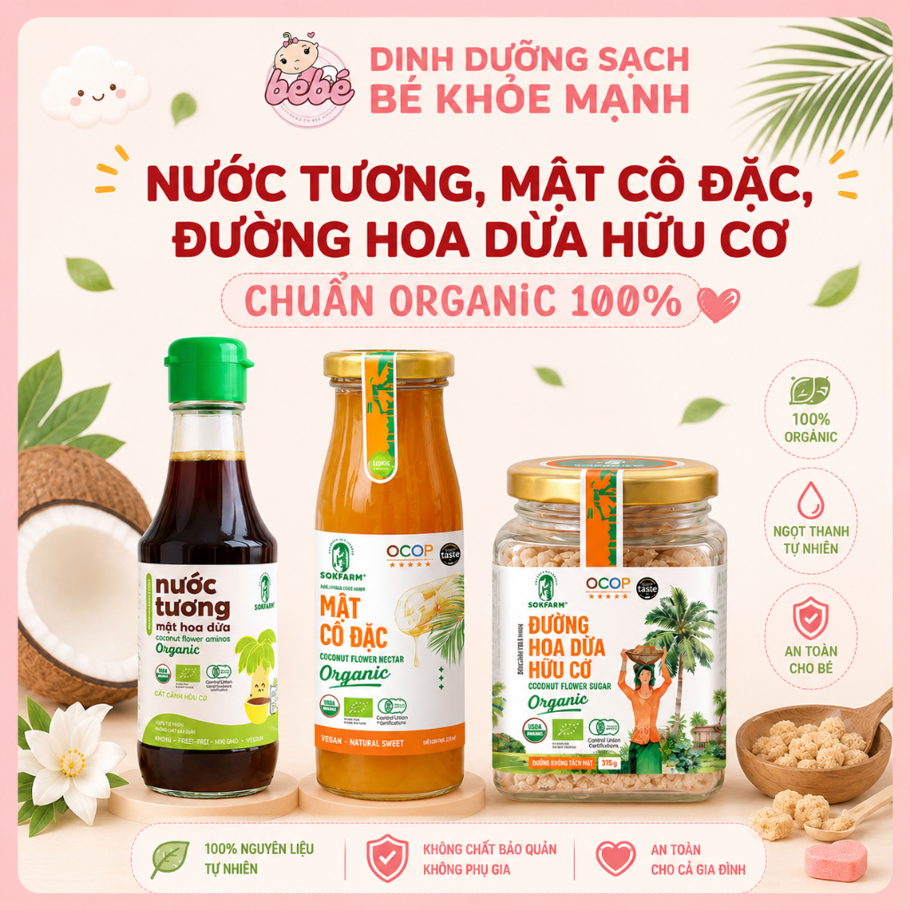 Gia Vị Mật Hoa Dừa Hữu Cơ Sokfarm. Nước tương ít muối, mật hoa dừa, đường organic Sokfarm