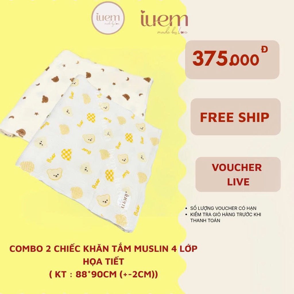 iuem (tặng 1 cái khăn sữa 2 lớp) COMBO 2 CHIẾC KHĂN TẮM 4 LỚP XÔ MUSLIN KT 88x90cm (+-2cm)