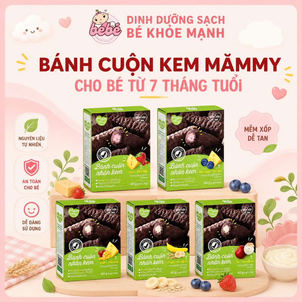 Bánh ăn dặm cuộn kem Mămmy giàu canxi cho bé từ 7 tháng tuổi - Hộp 10 gói x 6g