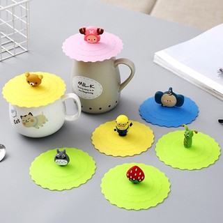 Nắp Silicone Có Núm Cầm Hình Hoạt Hình Dễ Thương - Nắp Đậy Ly Cốc Hạn Chế Đổ Nước Chất Liệu Silicone Nhiều Màu Dễ Thương