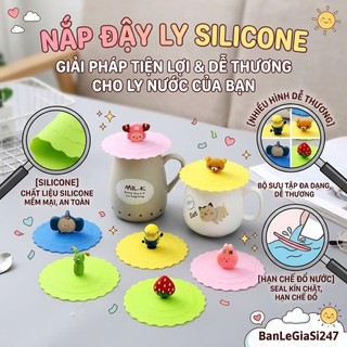 Nắp Silicone Có Núm Cầm Hình Hoạt Hình Dễ Thương - Nắp Đậy Ly Cốc Hạn Chế Đổ Nước Chất Liệu Silicone Nhiều Màu Dễ Thương
