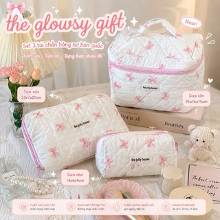 Set 3 Túi Makeup Chần Bông Nơ Pastel |Túi Đựng Skincare Makeup Du Lịch, Làm Quà Tặng Tiện Lợi Đa Năng Style Hàn Quốc